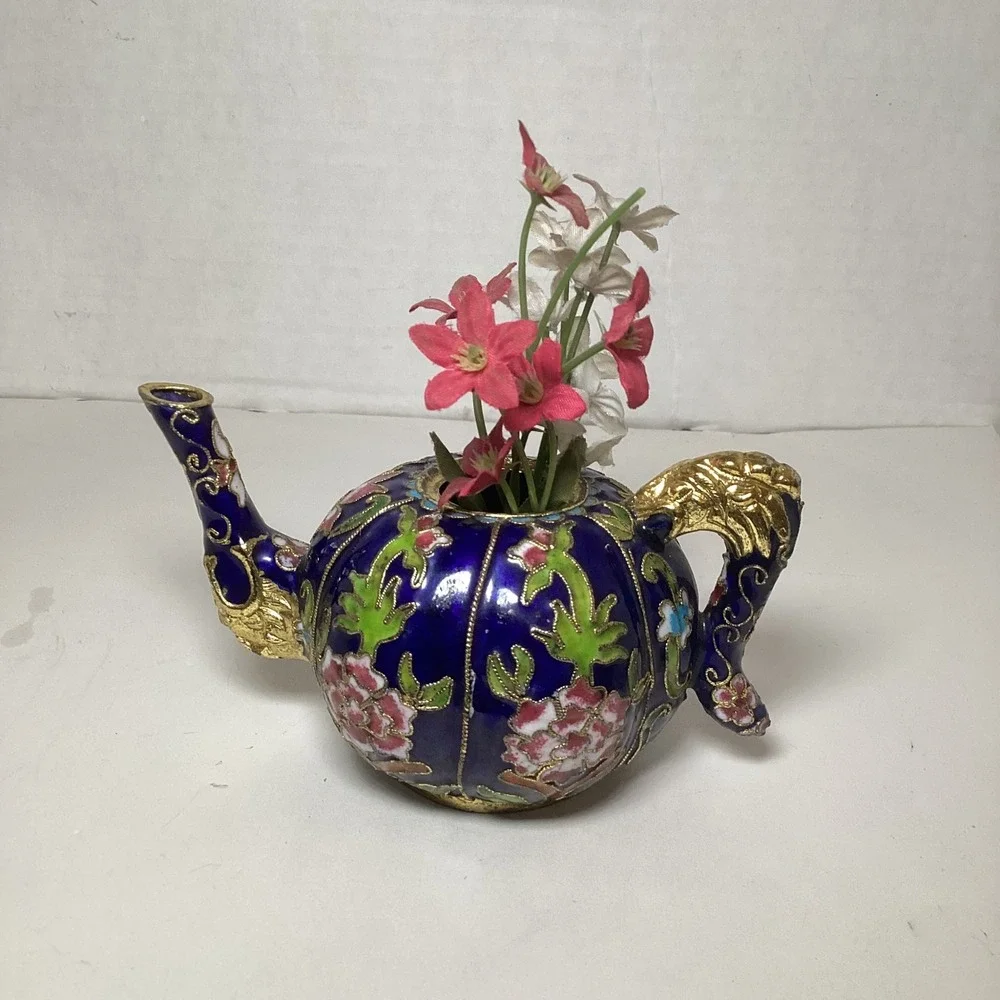 Vintage Cloisonne Enamel Miniature Teapot Cobalt Blue Floral Dragon Handle *asis